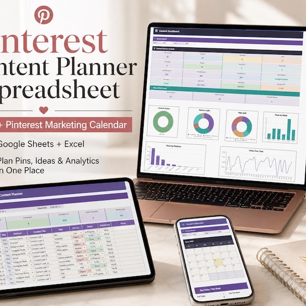 Pinterest Content Planner Spreadsheet | Blog & Pinterest Marketing Calendar | Pin Scheduler Google Sheets Excel Template for Bloggers