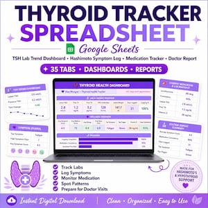 Puede incluir: Una hoja de cálculo digital para el seguimiento de la tiroides en Google Sheets mostrada en una pantalla de portátil. La interfaz presenta un esquema de color púrpura con secciones para tendencias de laboratorio, síntomas y reportes médicos.
