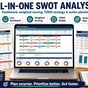 May include: A digital All-in-One SWOT Analysis tool displayed on a laptop screen, featuring a dashboard, weighted scoring, TOWS strategy builder, and action planning. The interface includes data tables, pie charts, and strategy lists. A blue mug with the text 'STRATEGY FOCUSED. RESULTS DRIVEN.' sits nearby.