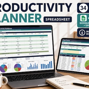 Pode incluir: Uma planilha de planejador de produtividade exibida em uma tela de laptop e tablet. A interface apresenta um painel com métricas principais, gráficos de status de tarefas e uma visualização de planejador diário. Texto: Productivity Planner, 34 Tabs, Google Sheets + Excel, Instant Download.