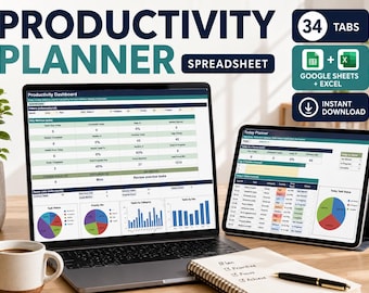 Productivity Planner Spreadsheet, Google Sheets & Excel, Daily Weekly Task Tracker, Habit, Goal and Time Blocking Dashboard, 34 Tabs