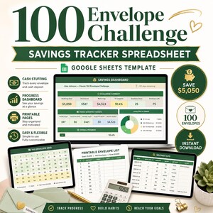 May include: A 100 Envelope Challenge savings tracker spreadsheet Google Sheets template featuring a savings dashboard, a 100 envelope grid, a printable envelope list, and a savings log. The design uses dark green text and accents on a white background.