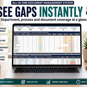 May include: A laptop screen displaying a document control dashboard with a department document matrix and process-to-document matrix. Text includes ALL-IN-ONE DOCUMENT MANAGEMENT SYSTEM, SEE GAPS INSTANTLY, and AUDIT READY ALWAYS.