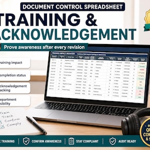 May include: A laptop displaying a Training Impact Register spreadsheet with columns for document ID, change type, and completion status. Beside it sits a notebook with a checklist, a black pen, headphones, and a dark green mug labeled Training.