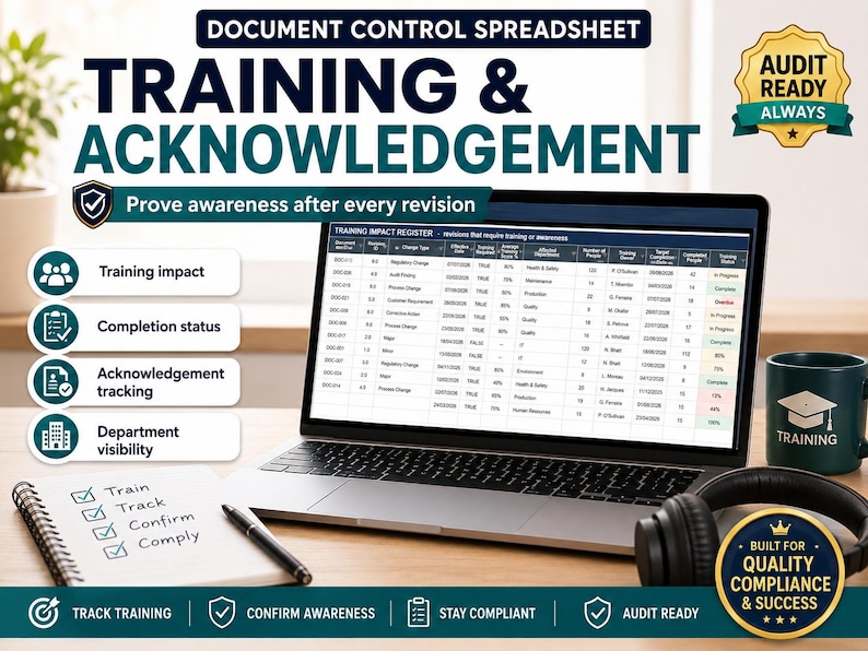 May include: A laptop displaying a Training Impact Register spreadsheet with columns for document ID, change type, and completion status. Beside it sits a notebook with a checklist, a black pen, headphones, and a dark green mug labeled Training.