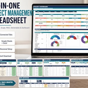 Project Management Spreadsheet, Google Sheets and Excel, Project Charter, Scope, RACI Matrix and WBS Planner