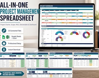 Project Management Spreadsheet, Google Sheets and Excel, Project Charter, Scope, RACI Matrix and WBS Planner