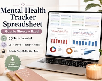 Mental Health Tracker Spreadsheet, Google Sheets & Excel, CBT Thought Record, Mood, Therapy Notes and Coping Tracker, Wellness Dashboard
