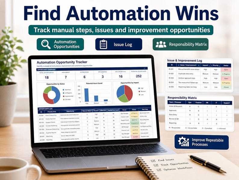May include: A laptop screen displaying an Automation Opportunity Tracker dashboard with charts, an issue log, and a responsibility matrix. Text includes Find Automation Wins, Track manual steps, issues and improvement opportunities, and Improve Repeatable Processes.