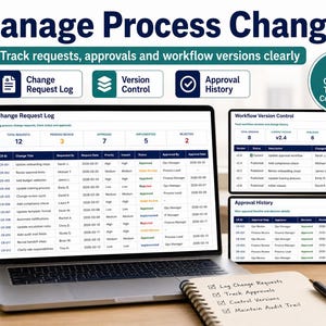 May include: A laptop displaying a Change Request Log dashboard with tables for workflow version control and approval history. A spiral notebook with handwritten notes about tracking requests, approvals, and versions sits next to the laptop.
