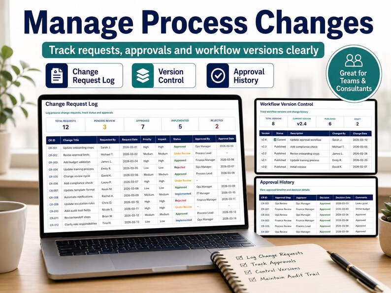 May include: A laptop displaying a Change Request Log dashboard with tables for workflow version control and approval history. A spiral notebook with handwritten notes about tracking requests, approvals, and versions sits next to the laptop.
