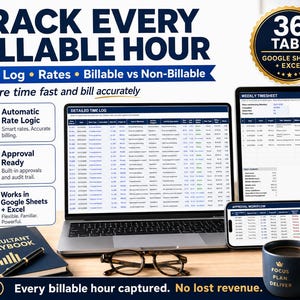 May include: A digital time tracking spreadsheet template for Google Sheets and Excel featuring 36 tabs. The display shows a detailed time log, weekly timesheet, and approval workflow on a laptop, tablet, and smartphone screen with text overlays.