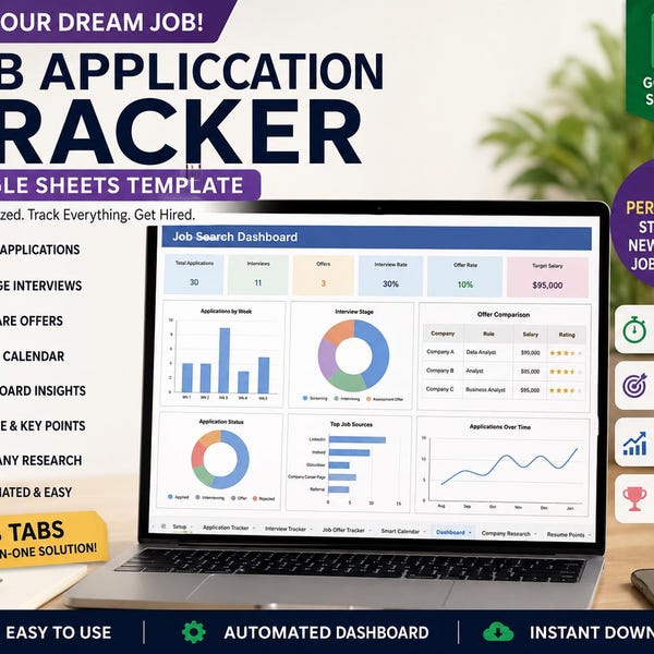 Job Application Tracker Google Sheets | New Grad Entry Level Internship Search Spreadsheet Interview Resume Career Planner