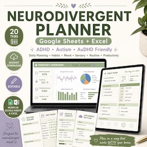 Może przedstawiać: Cyfrowy planer dla osób neuroróżnorodnych do Google Sheets i Excel, widoczny na laptopie i tablecie. Interfejs zawiera miesięczny przegląd, plan dnia, śledzenie nawyków oraz kreator rutyny w odcieniach zieleni i bieli.