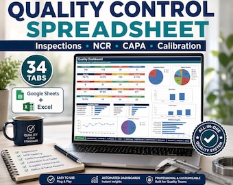 May include: A laptop displaying a Quality Dashboard spreadsheet with 34 tabs, compatible with Google Sheets and Excel. The screen shows various charts and data tables. A notebook, a blue mug, and a metal caliper are placed on the desk.