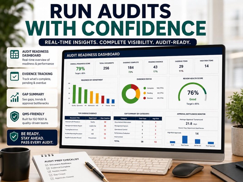 May include: A computer monitor displaying an Audit Readiness Dashboard with data visualizations, including bar charts, a donut chart, and a gauge showing a 76% health score. Text includes "RUN AUDITS WITH CONFIDENCE" and "AUDIT PREP CHECKLIST."
