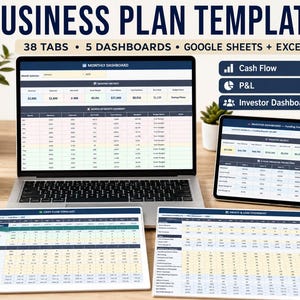 May include: A business plan template displayed on a laptop and tablet screen, featuring 38 tabs and 5 dashboards for Google Sheets and Excel. The interface shows financial data including cash flow, profit and loss, and an investor dashboard.