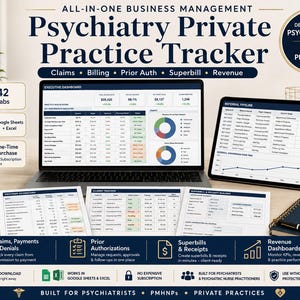 Könnte beinhalten: Ein digitaler Tracker für psychiatrische Privatpraxen auf einem Laptop- und Tablet-Bildschirm, mit Executive-Dashboard, Überweisungspipeline, Forderungs-Tracker und Rechnungs-Builder. Die Benutzeroberfläche enthält Diagramme, Tabellen und Text zur Verwaltung von Abrechnungen und Einnahmen.