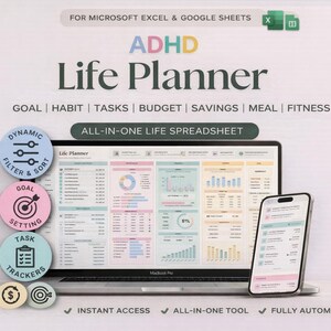 ADHD Life Planner Google Sheets Excel Daily Planner Budget Tracker Habit Tracker Productivity Spreadsheet Monthly Weekly Calendar Routine