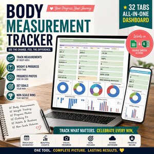 May include: A digital body measurement tracker dashboard displayed on a laptop and smartphone screen. The interface features data tables, pie charts, and bar graphs for tracking weight, body measurements, and progress goals in Google Sheets and Excel.