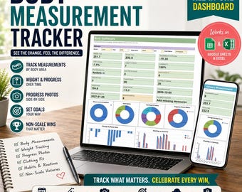 Body Measurement Tracker Spreadsheet, Google Sheets & Excel, Weight, Progress Photo and Goal Log, Fitness Progress Dashboard, 32 Tabs