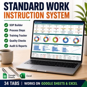 Op de afbeelding: Een laptop met een dashboard voor een standaard werkinstructiesysteem met diverse grafieken, tabellen en statistieken. Het scherm toont SOP Builder, Process Steps, Training Tracker, Quality Checks en Audit & Reports. Compatibel met Google Sheets en Excel.