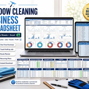 May include: A window cleaning business spreadsheet for Google Sheets and Excel displayed on a laptop and tablet. The digital interface features charts, graphs, and tabs for quotes, jobs, routes, and profit. Includes a spray bottle, squeegee, and cloth.