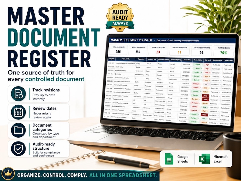 ISO 9001 Document Control Spreadsheet, Google Sheets & Excel, Document Register, Revision, Review and Audit Readiness Tracker, QMS image 2