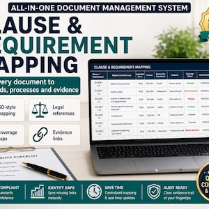 May include: A digital document management system display showing a clause and requirement mapping table on a laptop screen, alongside a physical compliance checklist with a pen. The graphic includes text labels for ISO-style mapping, legal references, coverage gaps, and evidence links.