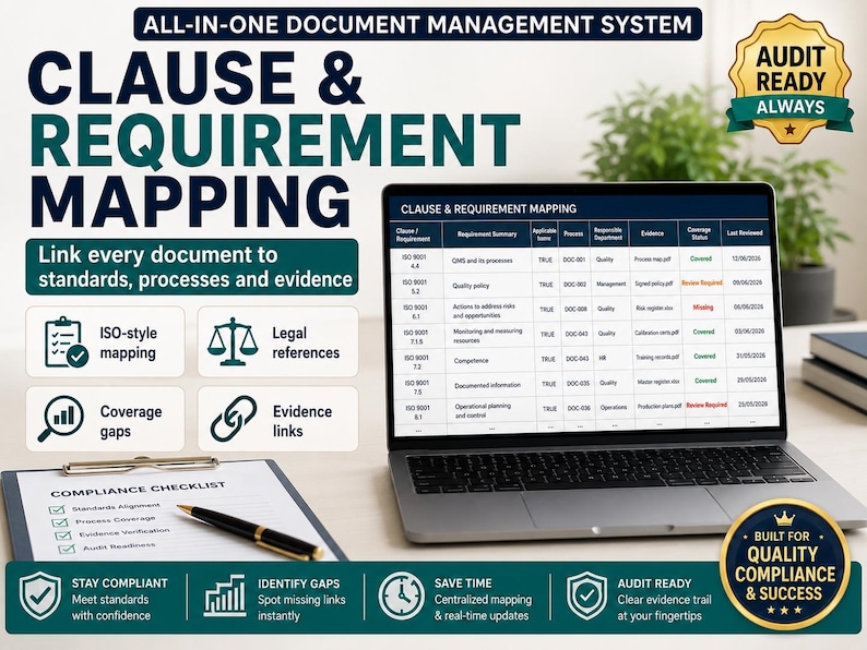 May include: A digital document management system display showing a clause and requirement mapping table on a laptop screen, alongside a physical compliance checklist with a pen. The graphic includes text labels for ISO-style mapping, legal references, coverage gaps, and evidence links.
