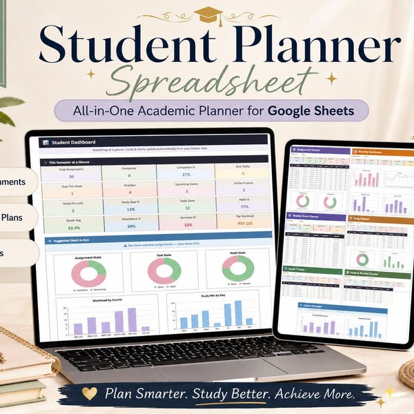 Student Planner Assignment Tracker, Academic Planner Spreadsheet for College & University, Google Sheets Study Template