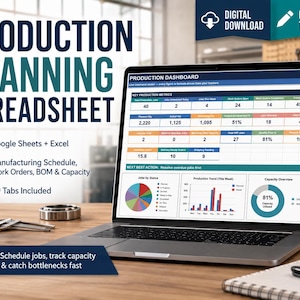Production Planning Spreadsheet, Google Sheets & Excel, Manufacturing Schedule, Work Order, BOM and Capacity Tracker
