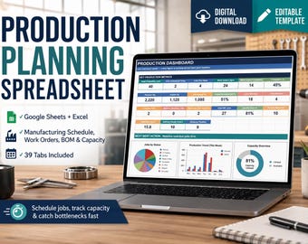 Production Planning Spreadsheet, Google Sheets & Excel, Manufacturing Schedule, Work Order, BOM and Capacity Tracker