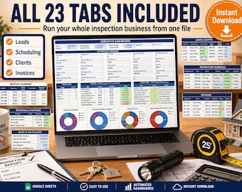 Home Inspection Business Spreadsheet, Google Sheets & Excel, Client CRM, Scheduling, Invoice and Realtor Referral Tracker, 23 Tabs