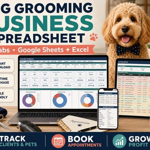 Pode incluir: Um modelo de planilha digital para negócios de banho e tosa para Google Sheets e Excel, exibido em um laptop, tablet e smartphone. A tela mostra um painel com gráficos e tabelas. Um cão doodle dourado usando uma gravata borboleta está sentado ao lado.