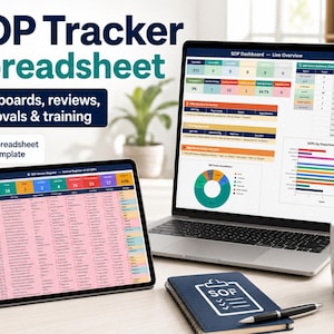 May include: An SOP Tracker Spreadsheet template displayed on a laptop and tablet screen. The interface features a dashboard with charts, a live overview, and a master register. A notebook with an SOP icon and a pen sit on the desk next to a mug.