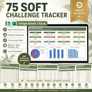 Może przedstawiać: Cyfrowy 75 Soft Challenge Tracker, zaprojektowany dla Arkuszy Google i Excel. Tracker zawiera panel postępów, codzienne zameldowania, dzienniki treningów, wody, czytania i diety. Tekst na obrazku brzmi "Bądź konsekwentny, zobacz wyniki."