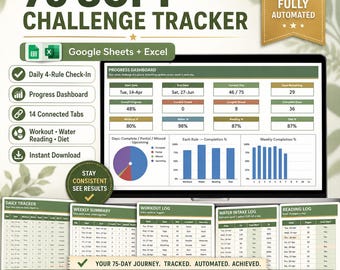 75 Soft Challenge Tracker Spreadsheet Google Sheets Excel | 75 Day Habit Log Workout Water Reading Diet Dashboard Progress