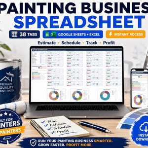 Könnte beinhalten: Eine digitale Tabellenkalkulation für Malerbetriebe für Google Sheets und Excel mit 38 Registerkarten, angezeigt auf einem Laptop und Smartphone. Der Bildschirm zeigt Finanzdaten, Diagramme und den Text Painting Business Spreadsheet, Estimate, Schedule, Track, Profit.