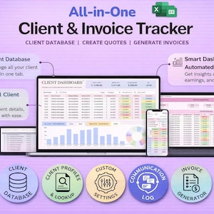 Puede incluir: Anuncio de un rastreador de clientes y facturas todo en uno. La imagen muestra una computadora portátil, una tableta y un teléfono inteligente que muestran la interfaz del software. El texto incluye "Client & Invoice Tracker" y funciones como "Client Database" e "Invoice Generator".