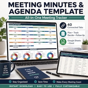 Modèle de compte-rendu et d'ordre du jour de réunion, Google Sheets et Excel, suivi des actions, journal des décisions et tableau de bord de gestion des réunions