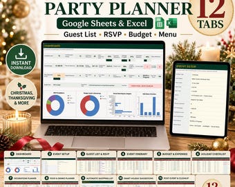 Holiday Party Planner Spreadsheet, Google Sheets & Excel, Guest List, RSVP, Budget and Menu Tracker, Christmas and Thanksgiving Host