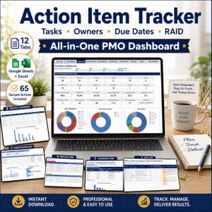 May include: An Action Item Tracker PMO dashboard displayed on a laptop screen, featuring data tables, pie charts, and key performance indicators. The layout includes 12 tabs, Google Sheets and Excel compatibility, and 65 sample actions included.
