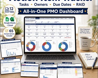Action Item Tracker Spreadsheet, Google Sheets & Excel, Action Log, RAID Register, Team Task and Project Owner Dashboard, 12 Tabs