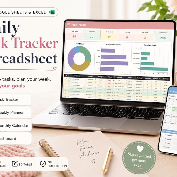 Task Management Spreadsheet Google Sheets Excel | ADHD Planner Project Tracker To Do List Kanban