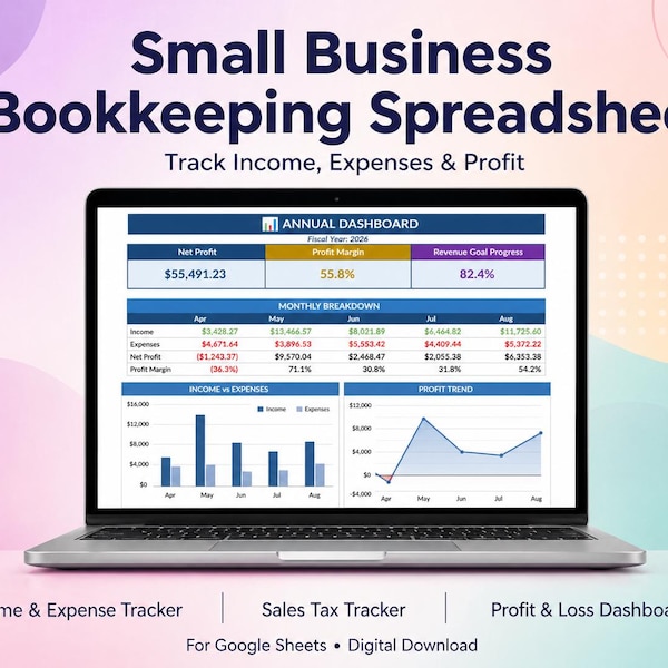 Bookkeeping Spreadsheet Google Sheets | Small Business Income Expense Tracker Sales Tax Profit Loss Self Employed Accounting Log