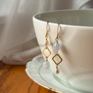 Blue Lace Agate and Freshwater Pearl Asymmetric Dangle Earrings, Handcrafted Elegant Gold Wire Wrapped Chalcedony Jewelry