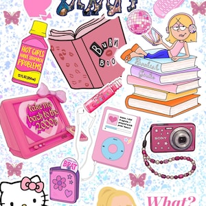 May include: A collage of pink and pastel-colored items with a Y2K theme. Includes Bratz dolls, a Playboy bunny, a pink iPod, a Sony digital camera, a pink flip phone, and text that says "What? Like it's hard?"