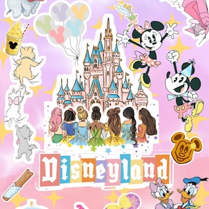 May include: A selection of colourful Disney-themed stickers on a pink background. The stickers feature characters such as Dumbo, Mickey and Minnie Mouse, and Disney princesses. The word "Disneyland" is prominently displayed.