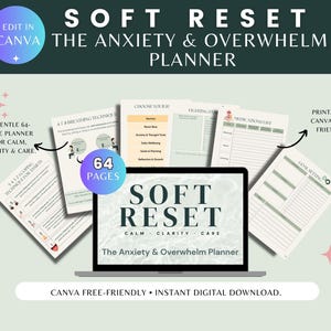 Op de afbeelding: Een digitale planner getiteld Soft Reset: The Anxiety & Overwhelm Planner weergegeven op een laptopscherm, omringd door verschillende geprinte pagina's met secties voor ademhalingstechnieken, medicatielijsten en doelstellingen in zachte groentinten.